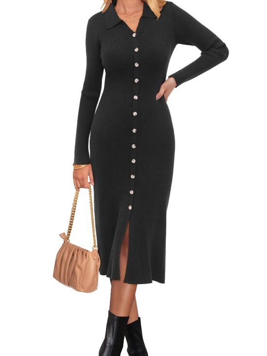 Dresses & Skirts - 🆕 Women Fall Sweater Dresses Trendy V Neck Long Sleeve Rib Knit Casual Midi